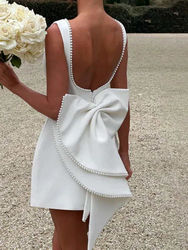 Pearl Bow Slim Backless A-Line Short Dress