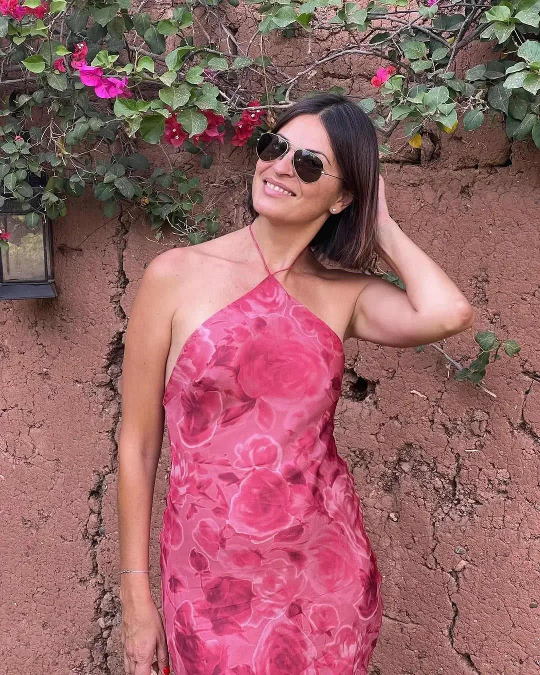 Rose Pink Print Halter Midi Dress