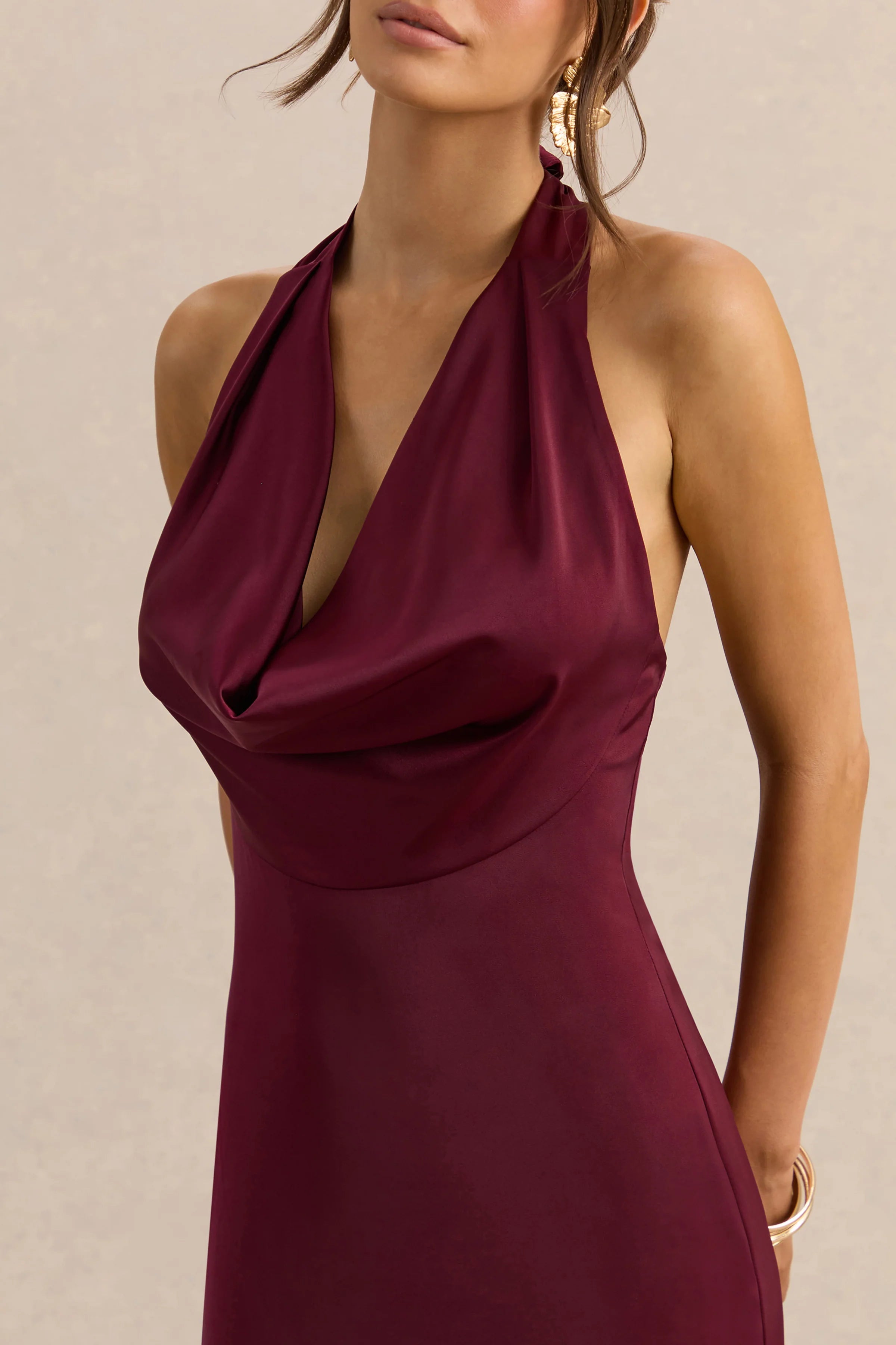 Aralisse | Burgundy Satin Cowl-Neck Maxi Dress