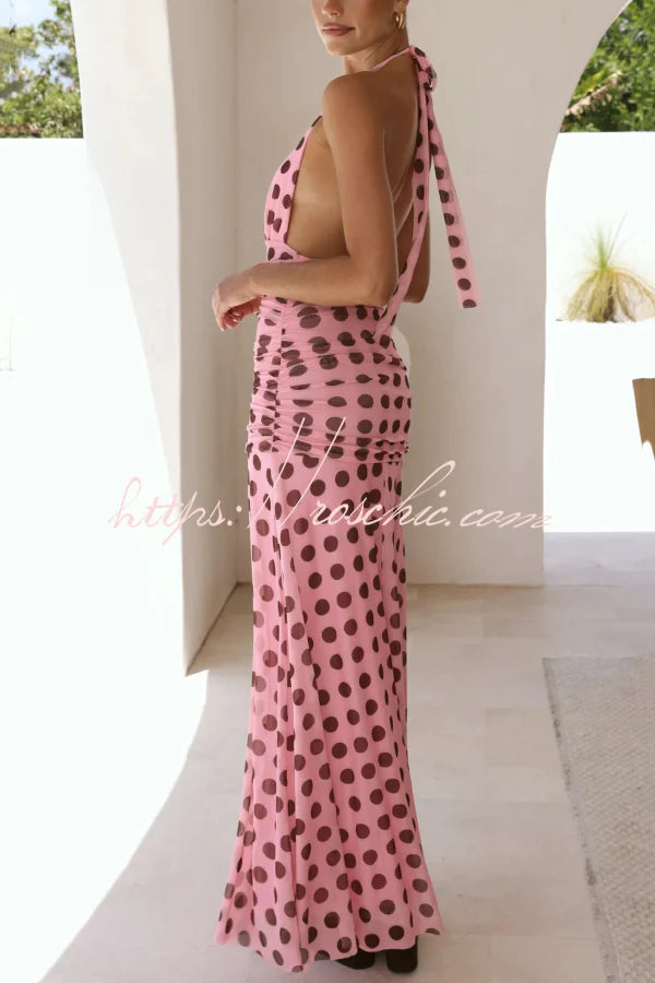 Polka Dot Print Halter Neck Tie Pleated Slim-fit Maxi Dress