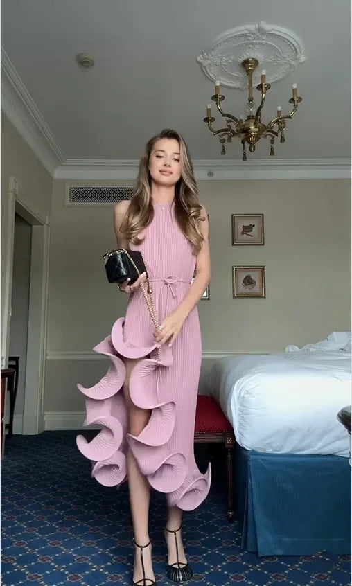 Sculpted Ruffle Asymmetric Hem Halter Midi Dress