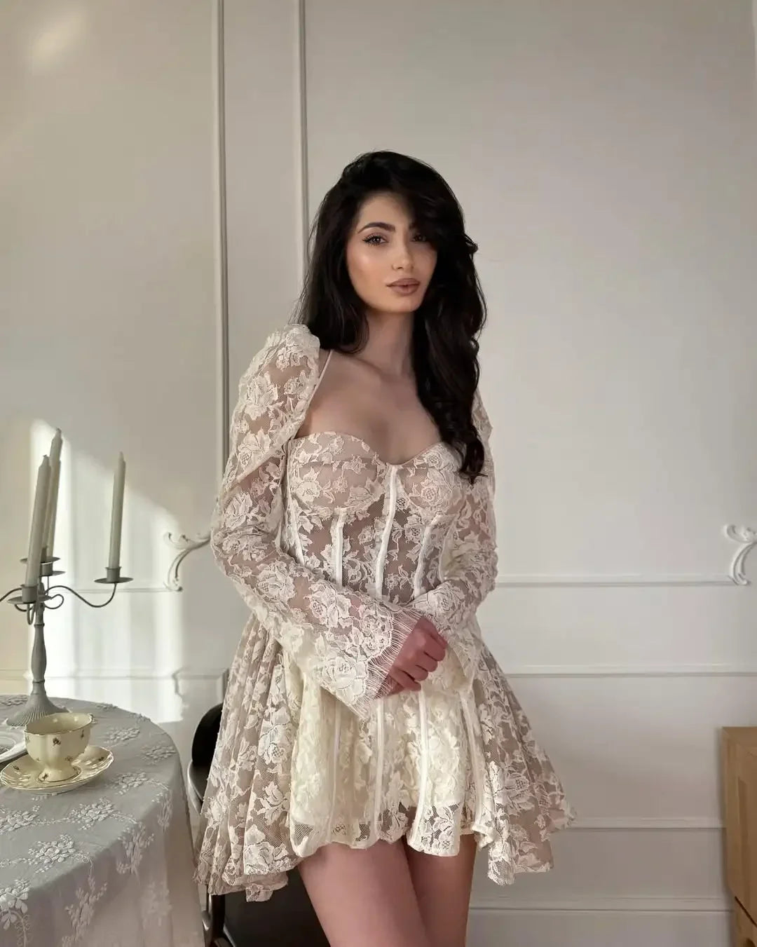 White Lace Flare Sleeve Corset Frill Mini Dress