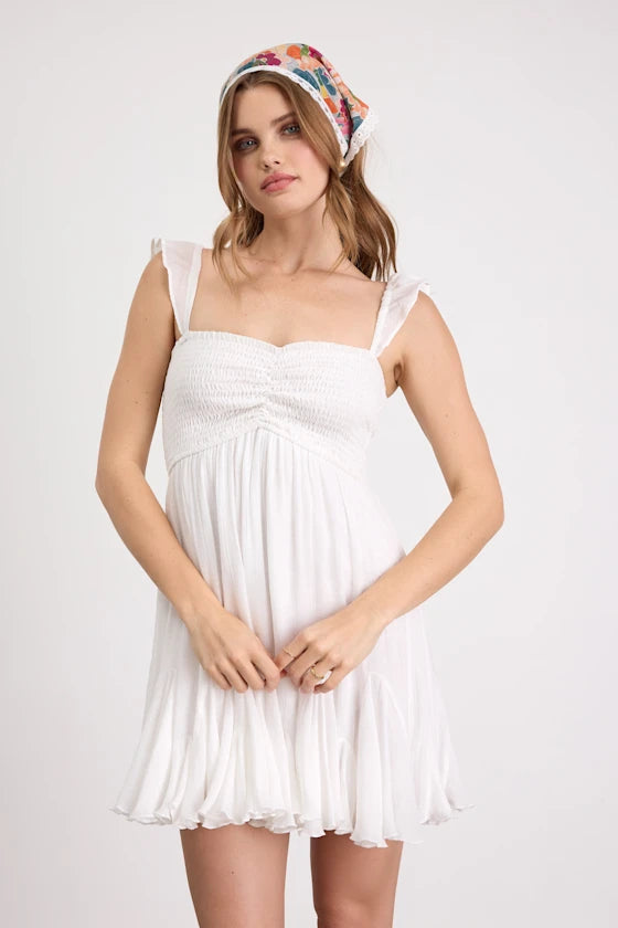 Myra White Smocked Babydoll Mini Dress