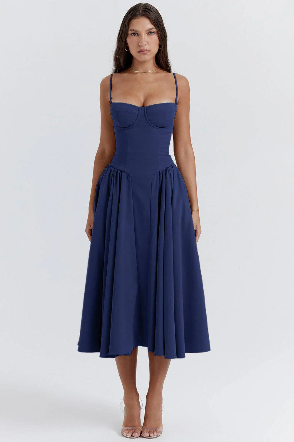 String Shoulder Solid Blue Women's Dress