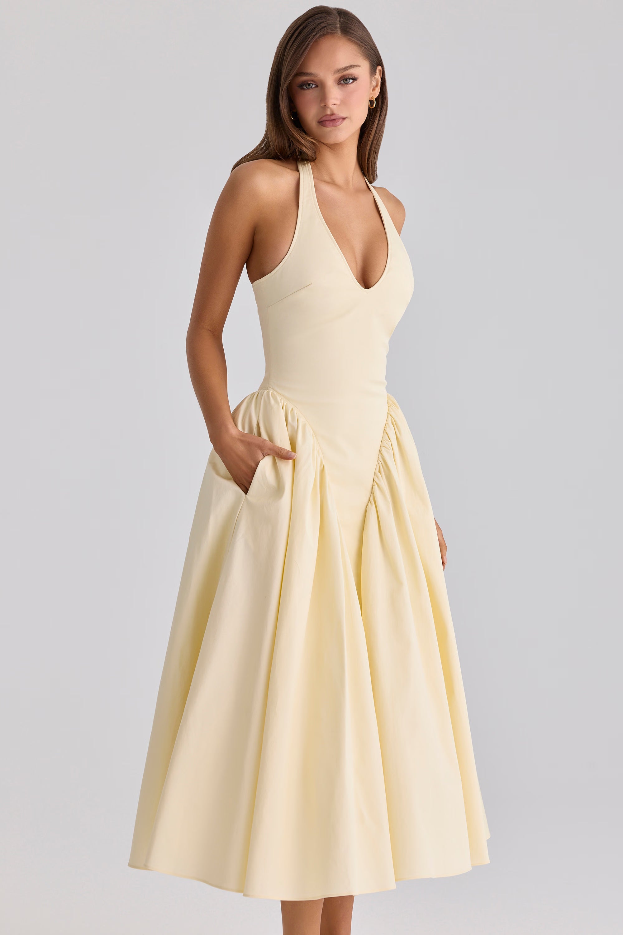 lemon cotton halter neck midi sundress