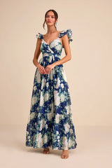 Soiree Perfection Navy Floral Ruffled Tiered Maxi Dress