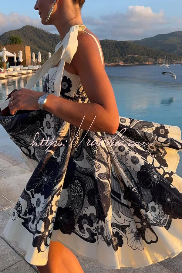 Unique Print Square Neck Spaghetti Strap Tie Full Hem Mini Dress