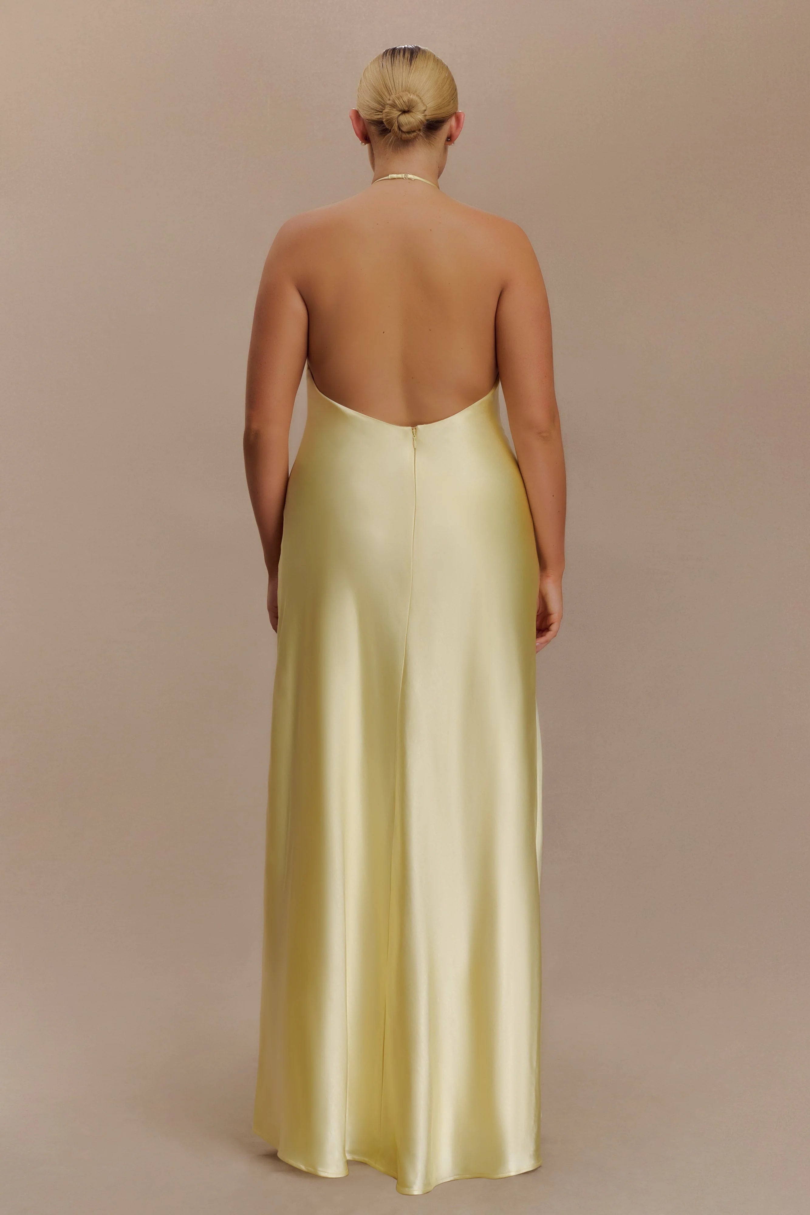 Bella Satin Halter Maxi Dress - Lemon