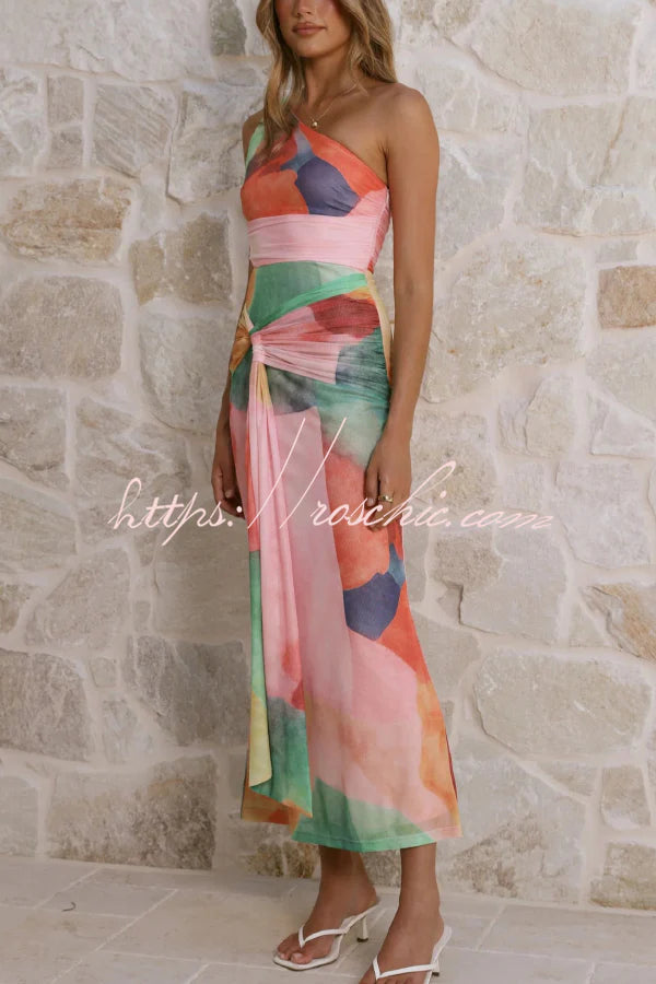 Unique Printed One-Shoulder Cutout Fitted Lace-Up Maxi Dress