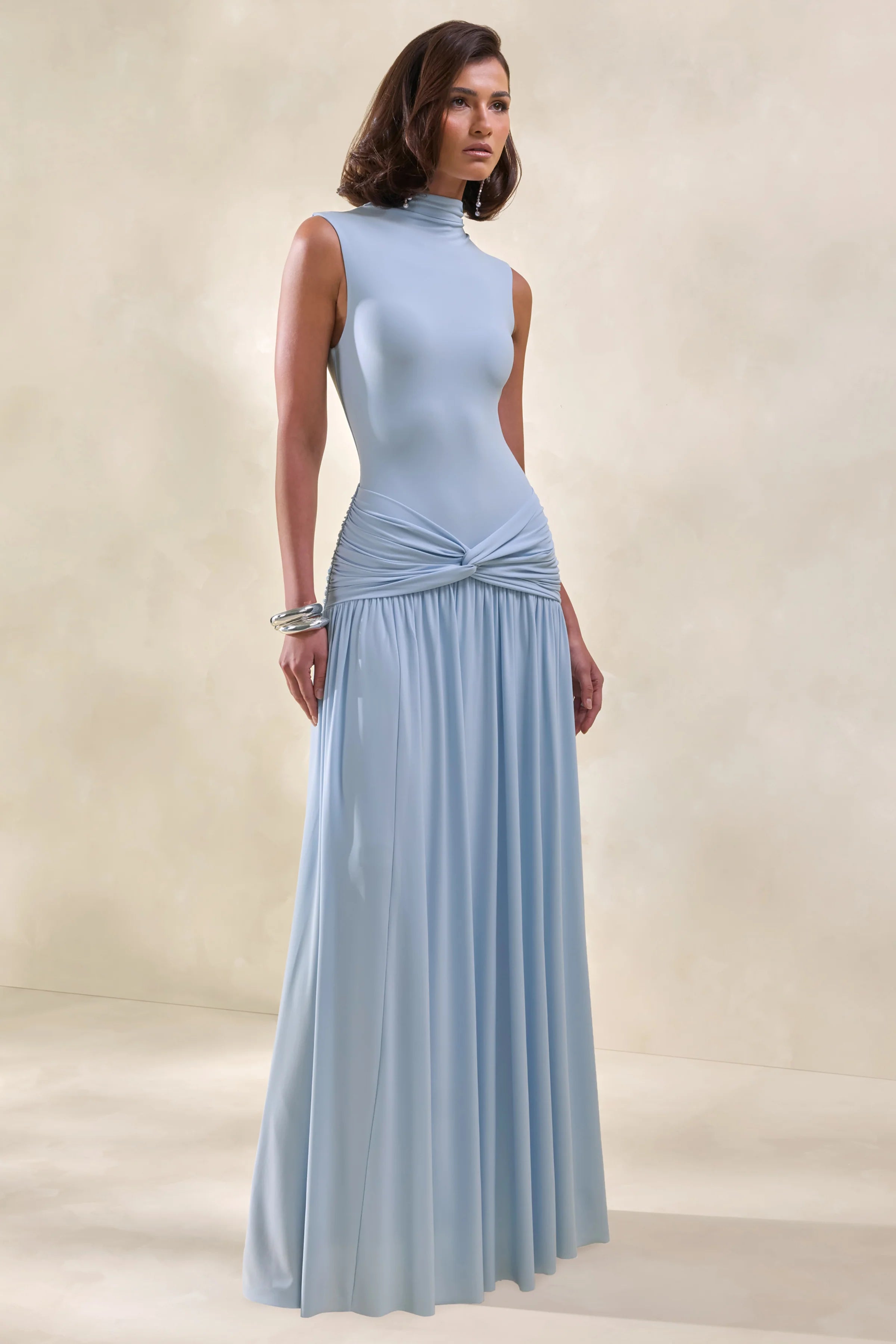 Glimora | Powder Blue High-Neck Maxi Dress With Ruched-Detailing