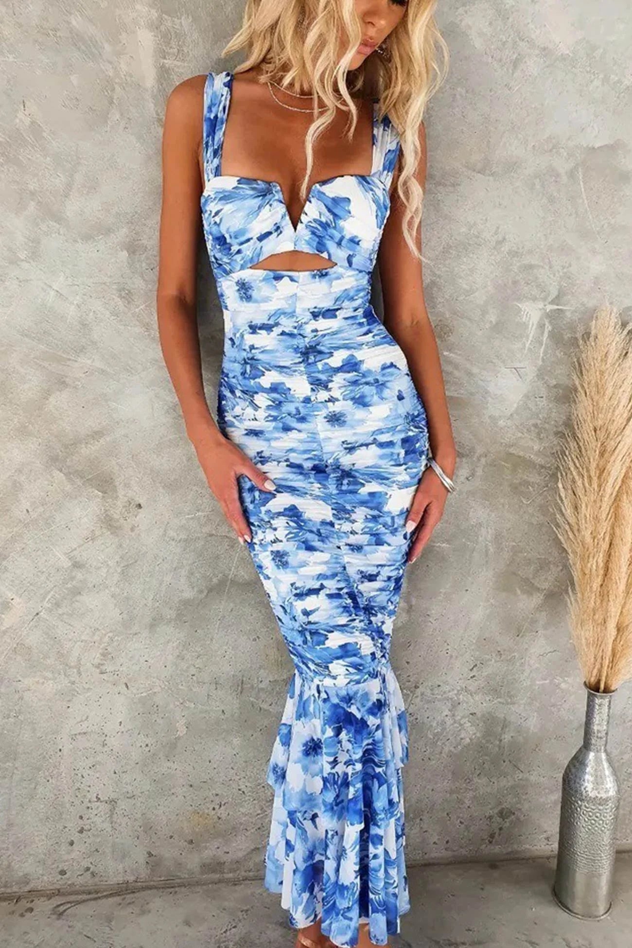 Floral Print Ruched Fishtail Dress