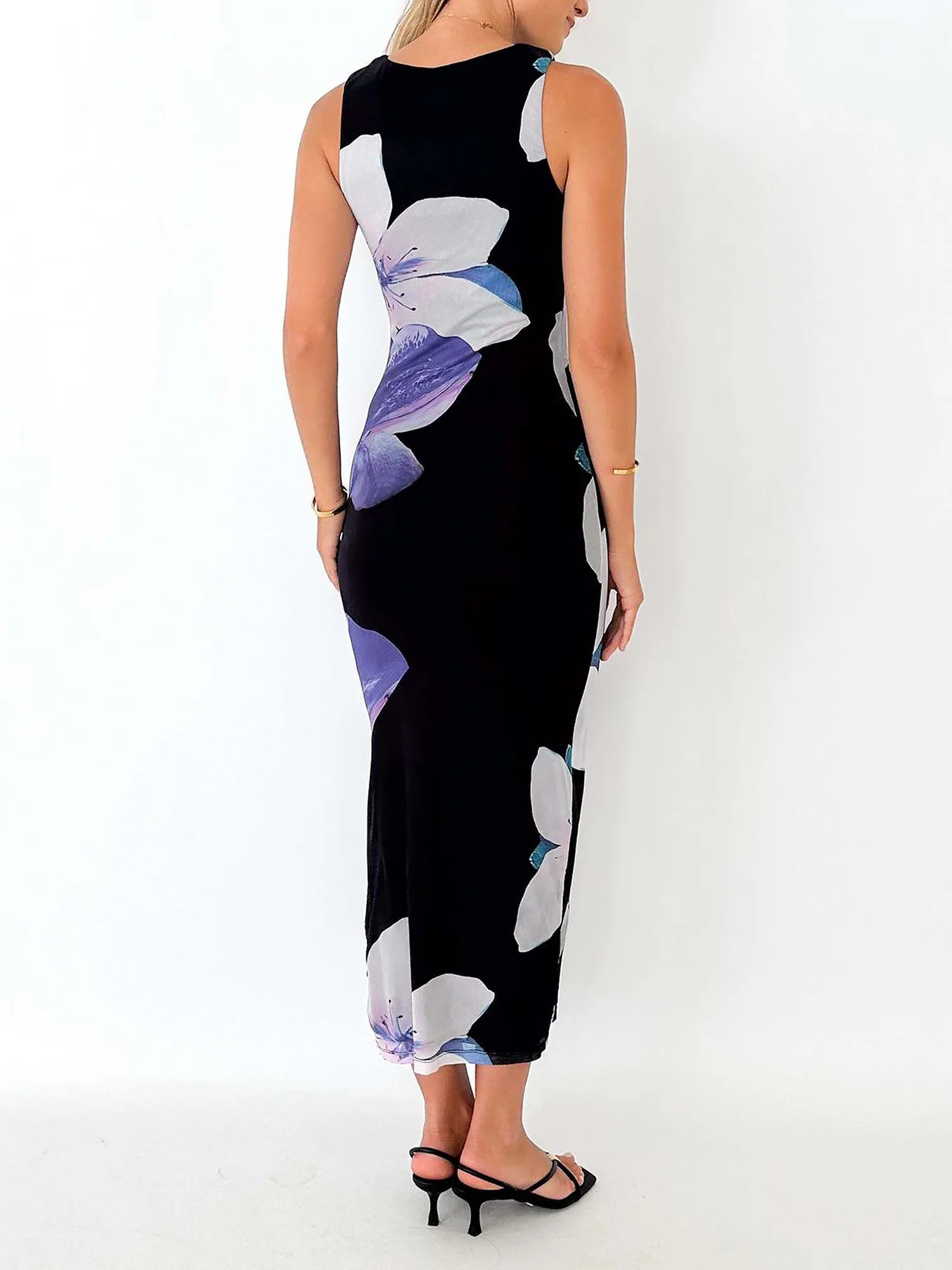 Lightweight Summer Floral Printed Mesh Sleeveless Slit Bodycon Maxi Dress for Beach Parties