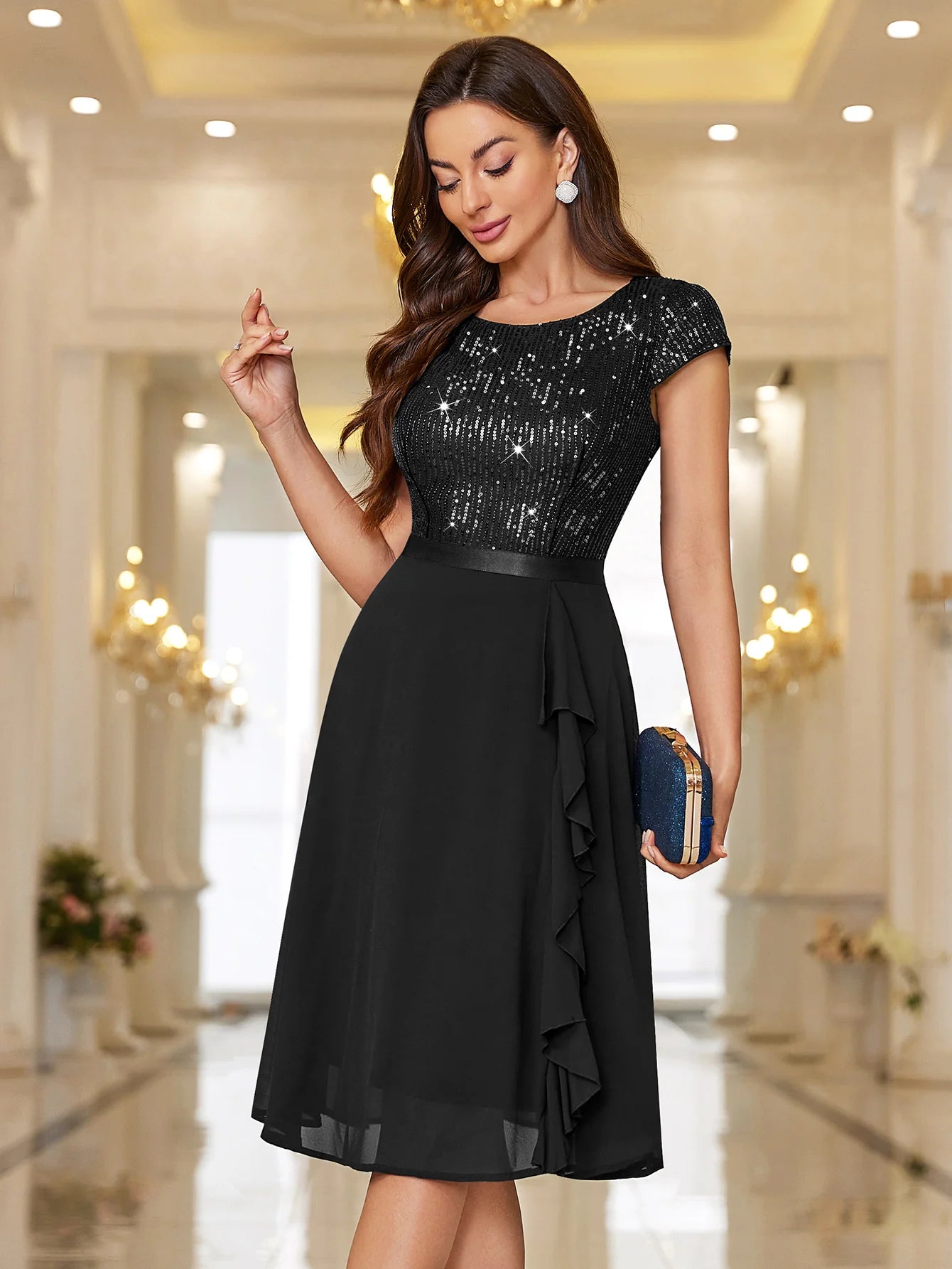 Sequin Lace Ruffle Trim Chiffon Cocktail Party Swing Dress for Weddings, Proms & Formal Events
