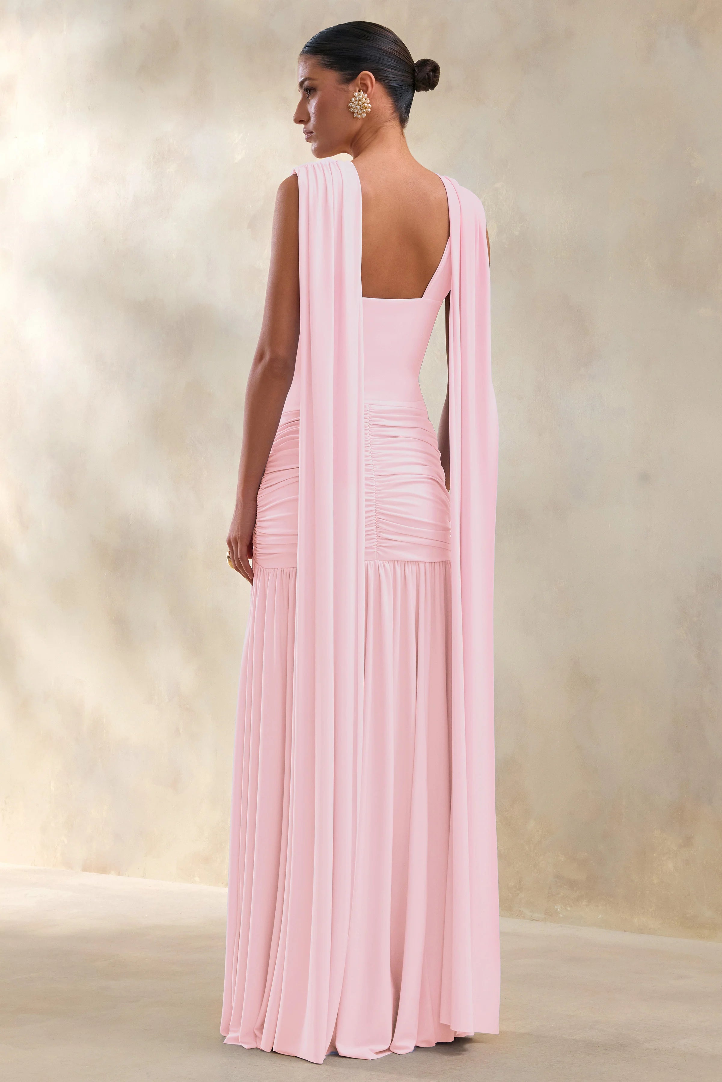 Amelisse | Light Pink Plunge-Neck Maxi Dress With Ruched-Detailing