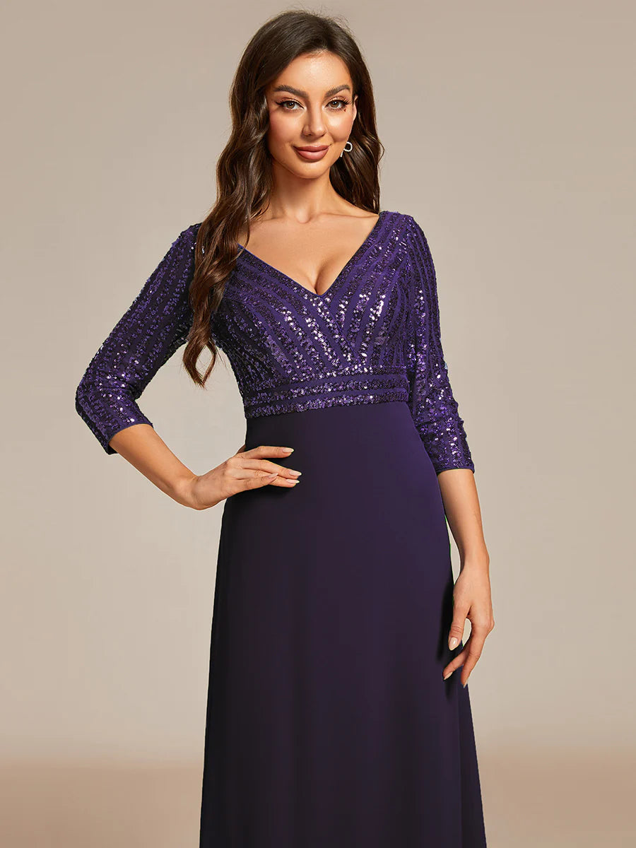 Sexy V Neck A-Line Sequin Wholesale Evening Dresses With 3/4 Sleeve