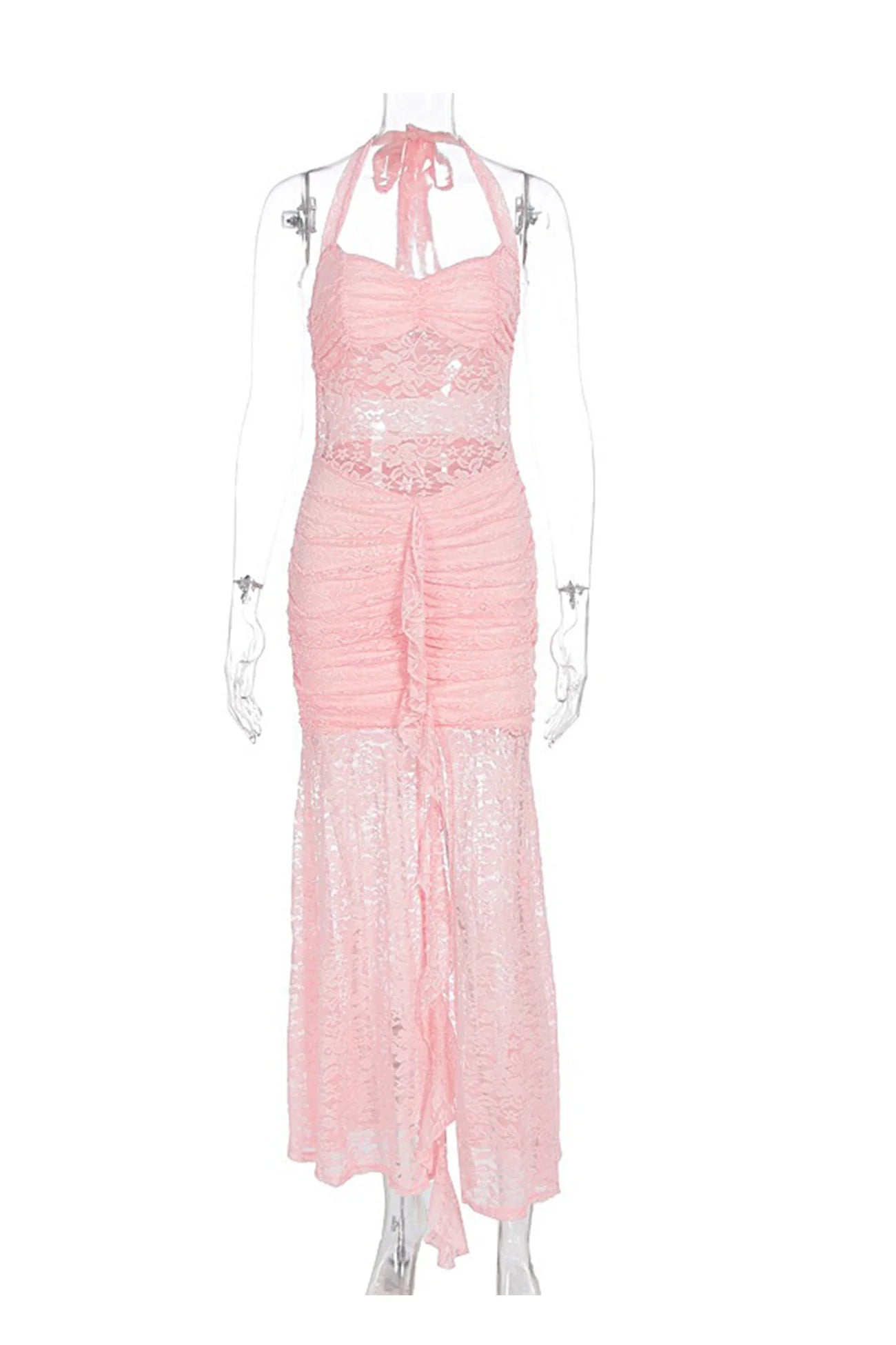 Halterneck Lace Patchwork Ruched Dress
