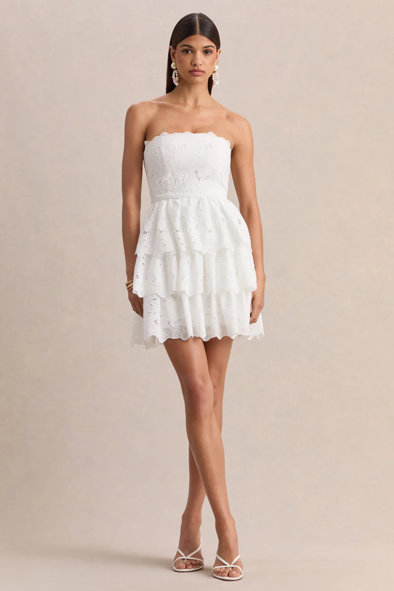White Lace Square-Neck Mini Dress With Ruffled Detailing