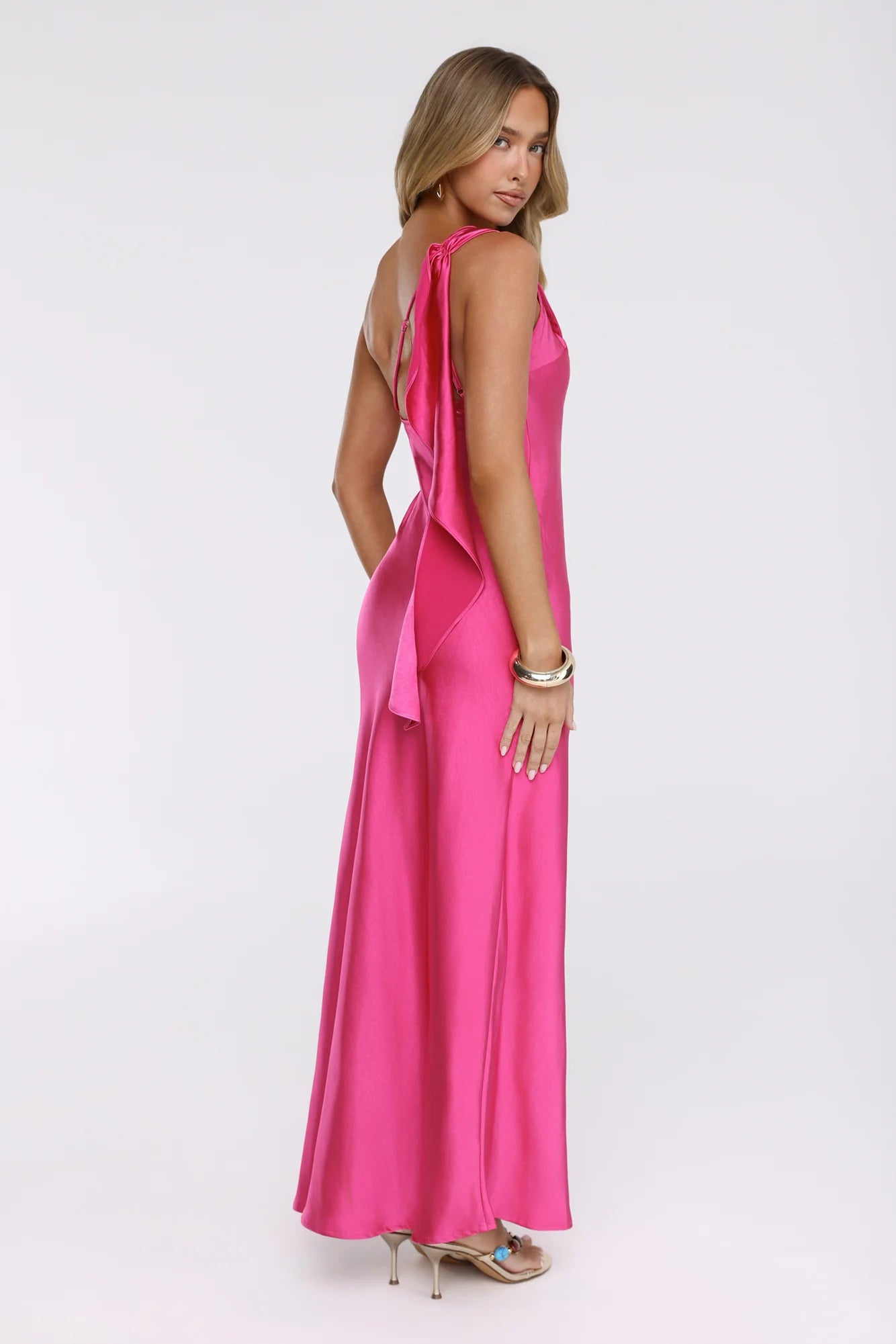 Romantic Tales Satin One Shoulder Maxi Dress Hot Pink