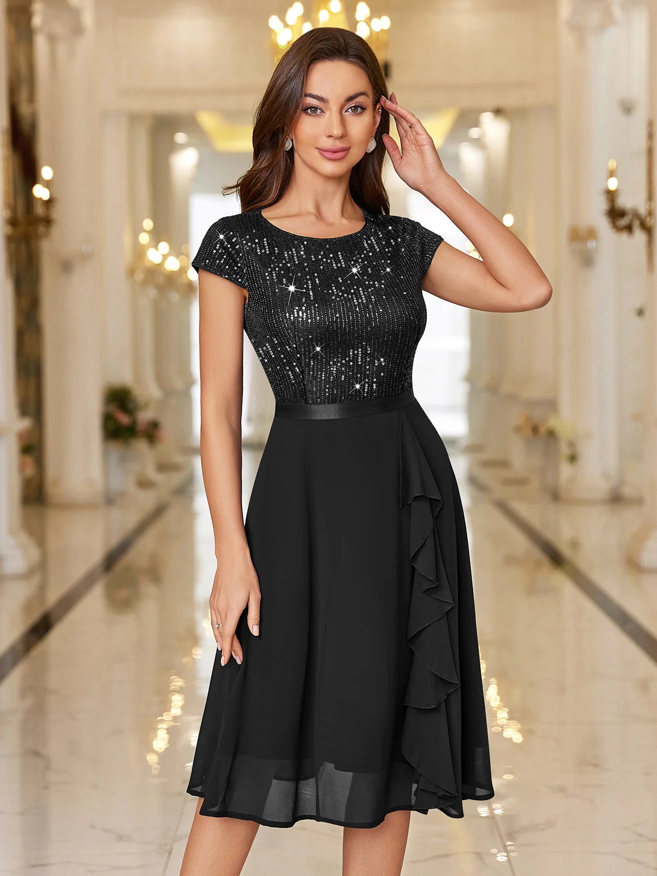 Sequin Lace Ruffle Trim Chiffon Cocktail Party Swing Dress for Weddings, Proms & Formal Events