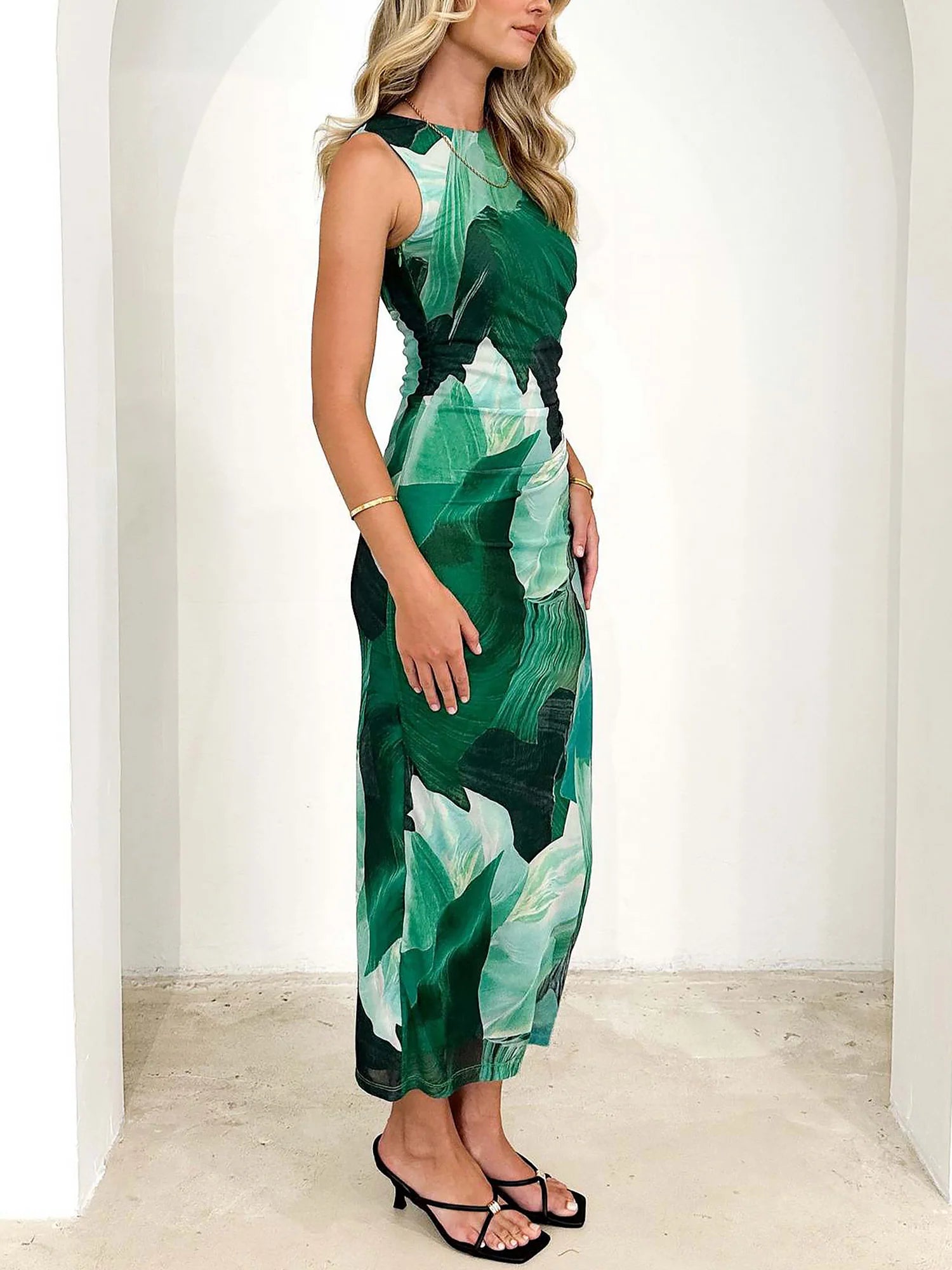 Lightweight Summer Floral Printed Mesh Sleeveless Slit Bodycon Maxi Dress for Beach Parties