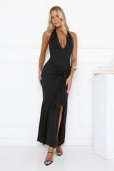 Sultry Halter Split Knit Maxi Dress Black