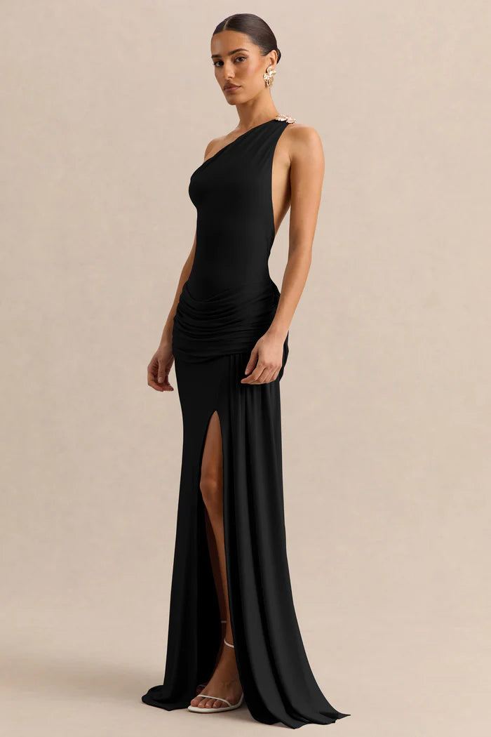 Black Asymmetric-Neck Maxi Dress With Gold-Detail And Front-High Split