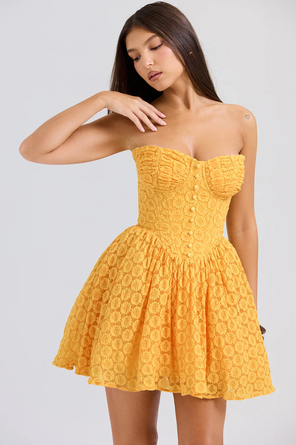 Apricot Lace Corset Mini Dress - Yellow