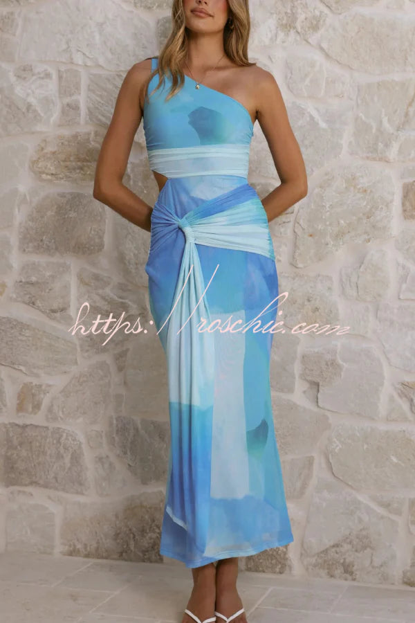 Unique Printed One-Shoulder Cutout Fitted Lace-Up Maxi Dress