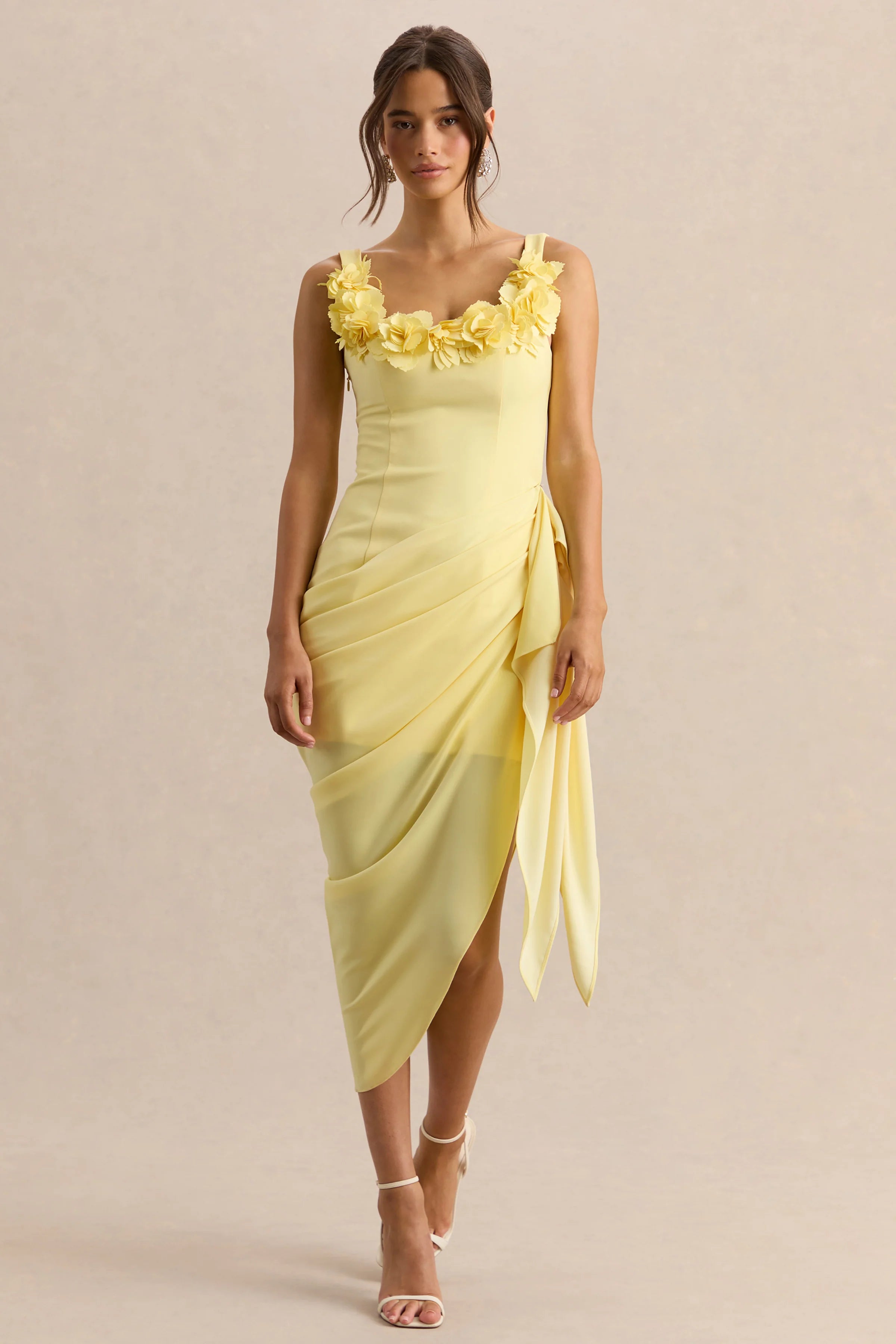Letitia | Lemon Square-Neck Floral Detailed Wrap Midi Dress