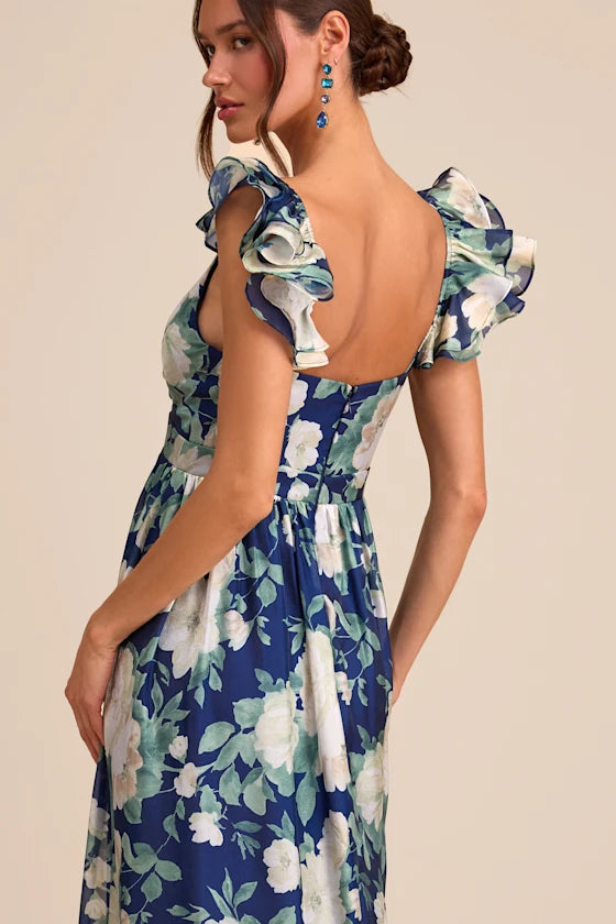 Soiree Perfection Navy Floral Ruffled Tiered Maxi Dress
