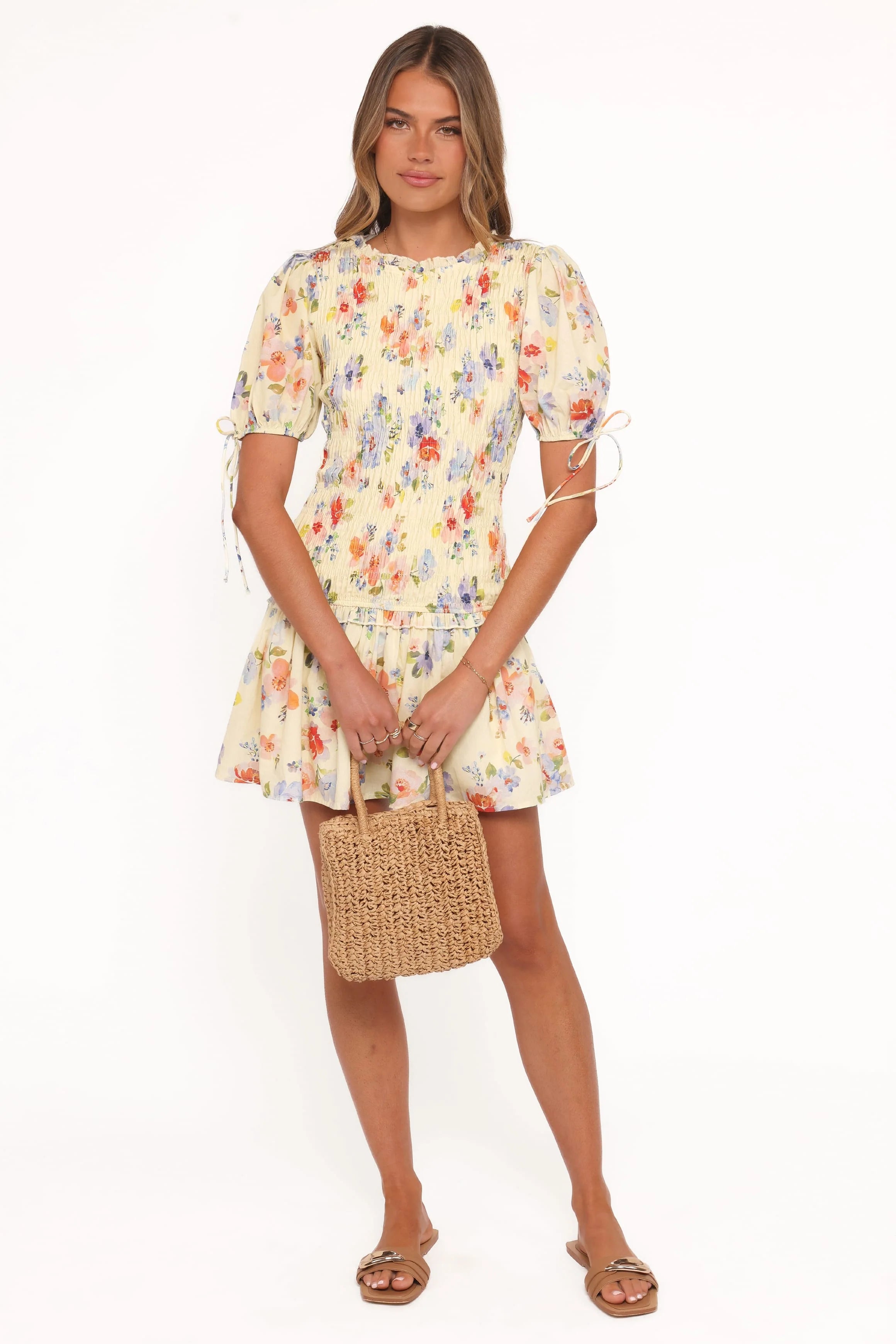 Kaelyn Gather Mini Dress - Yellow Floral