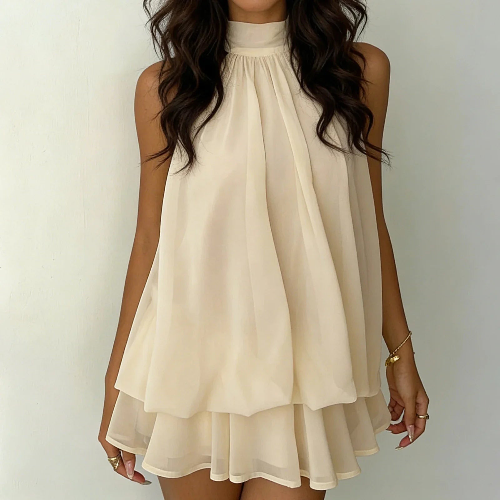 Tiered Ruffle Open Back Tie Detail Halter Mini Dress
