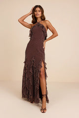 Casey Brown Polka Dot Halter Ruffled Maxi Dress