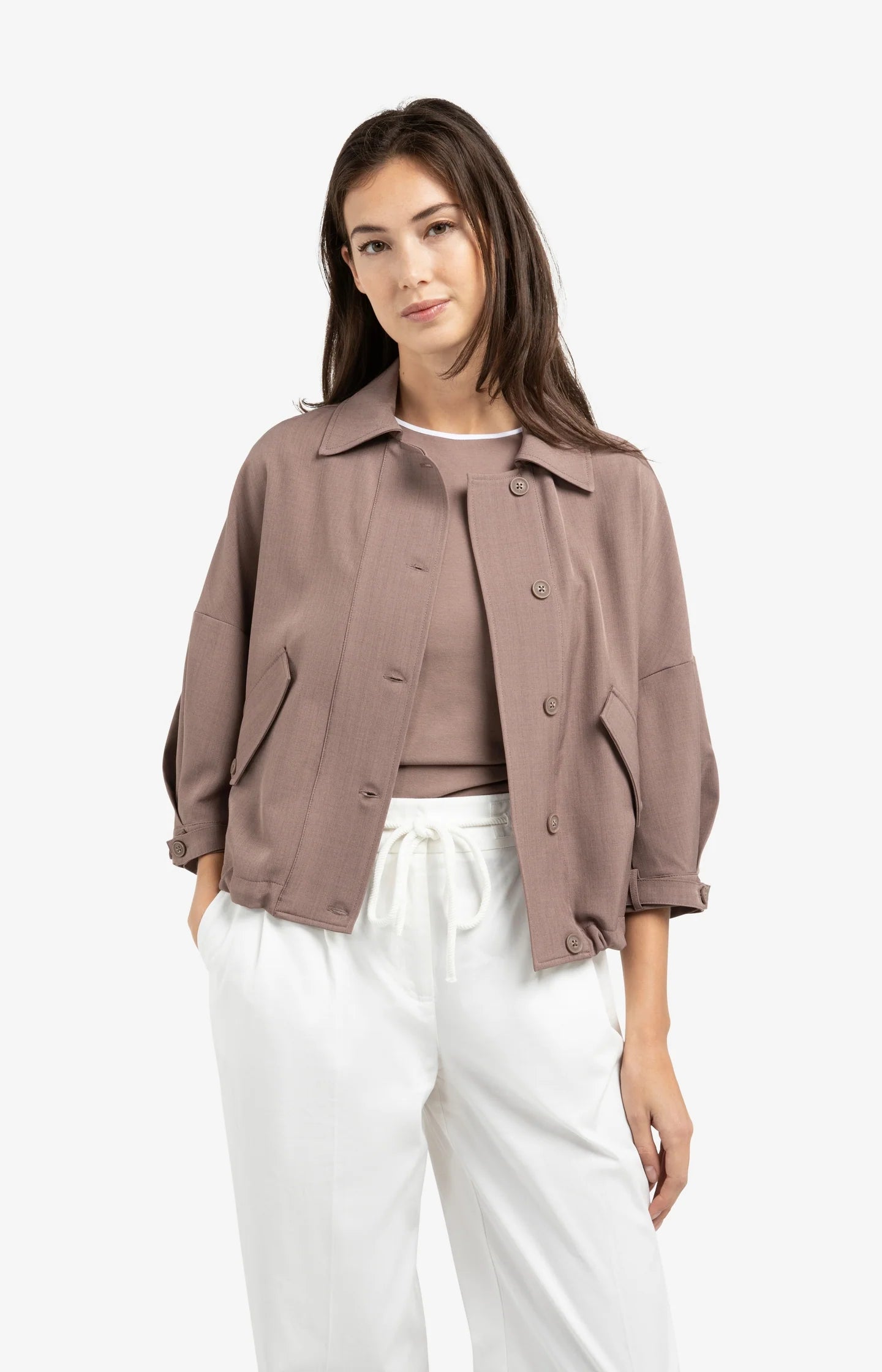 Blouse jacket with adjustable waistband and pockets