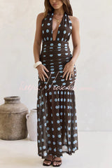 Polka Dot Print Halter Neck Tie Pleated Slim-fit Maxi Dress