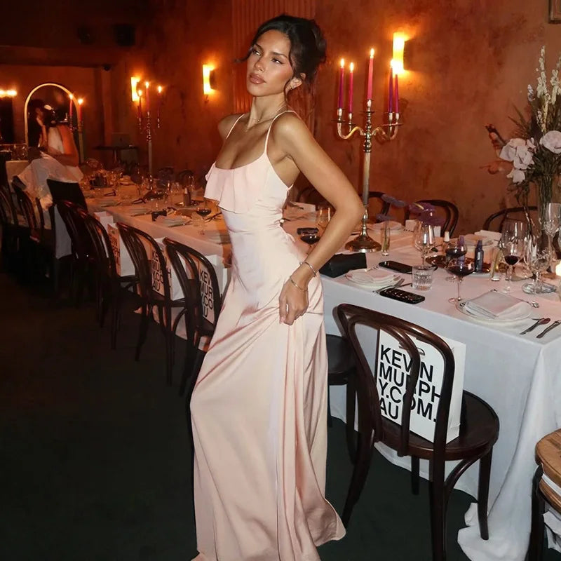 Pink Ruffle Back Tie Up Maxi Dress