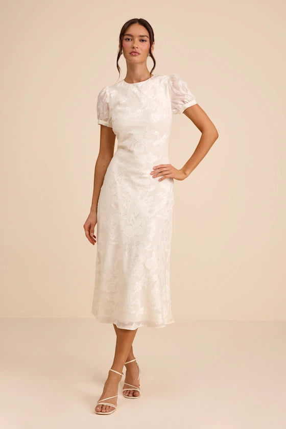 Bridget Ivory Floral Jacquard Puff Sleeve Midi Dress