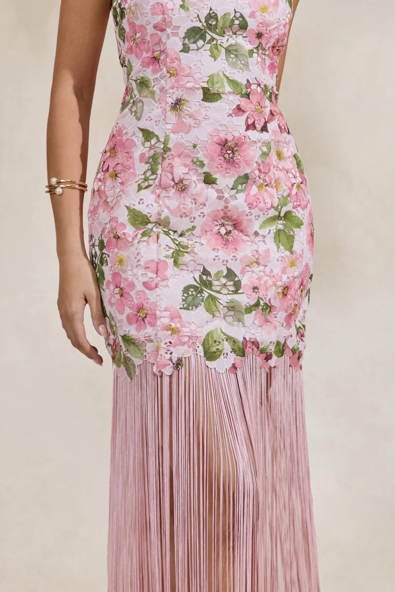Pink Floral Print Lace Halter-Neck Fringed Maxi Dress