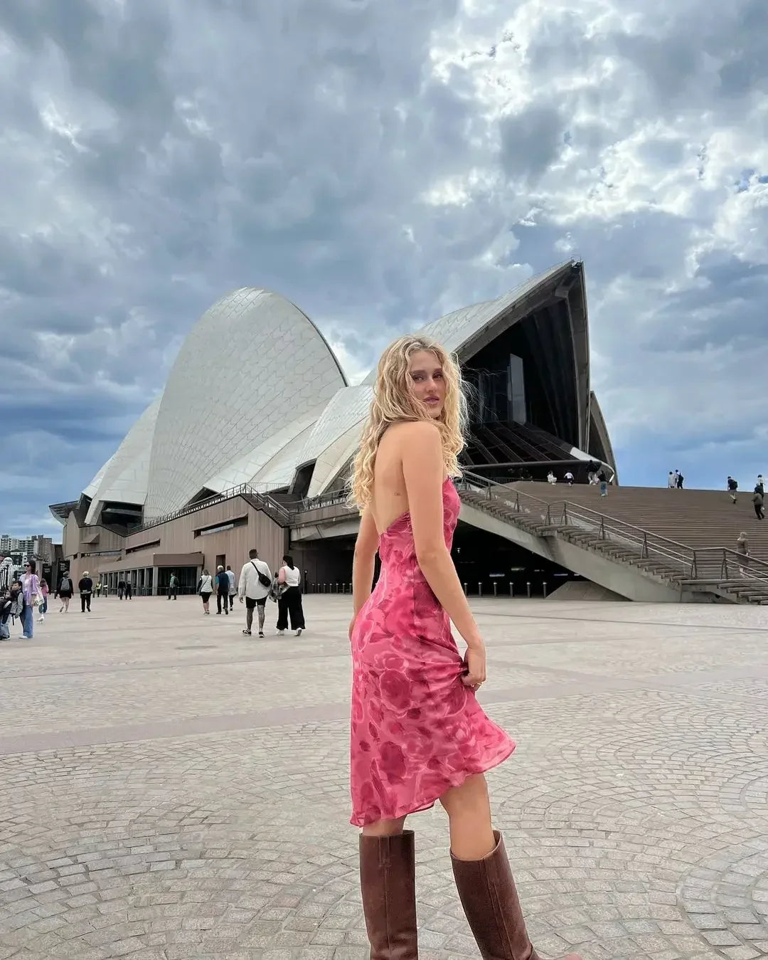 Rose Pink Print Halter Midi Dress