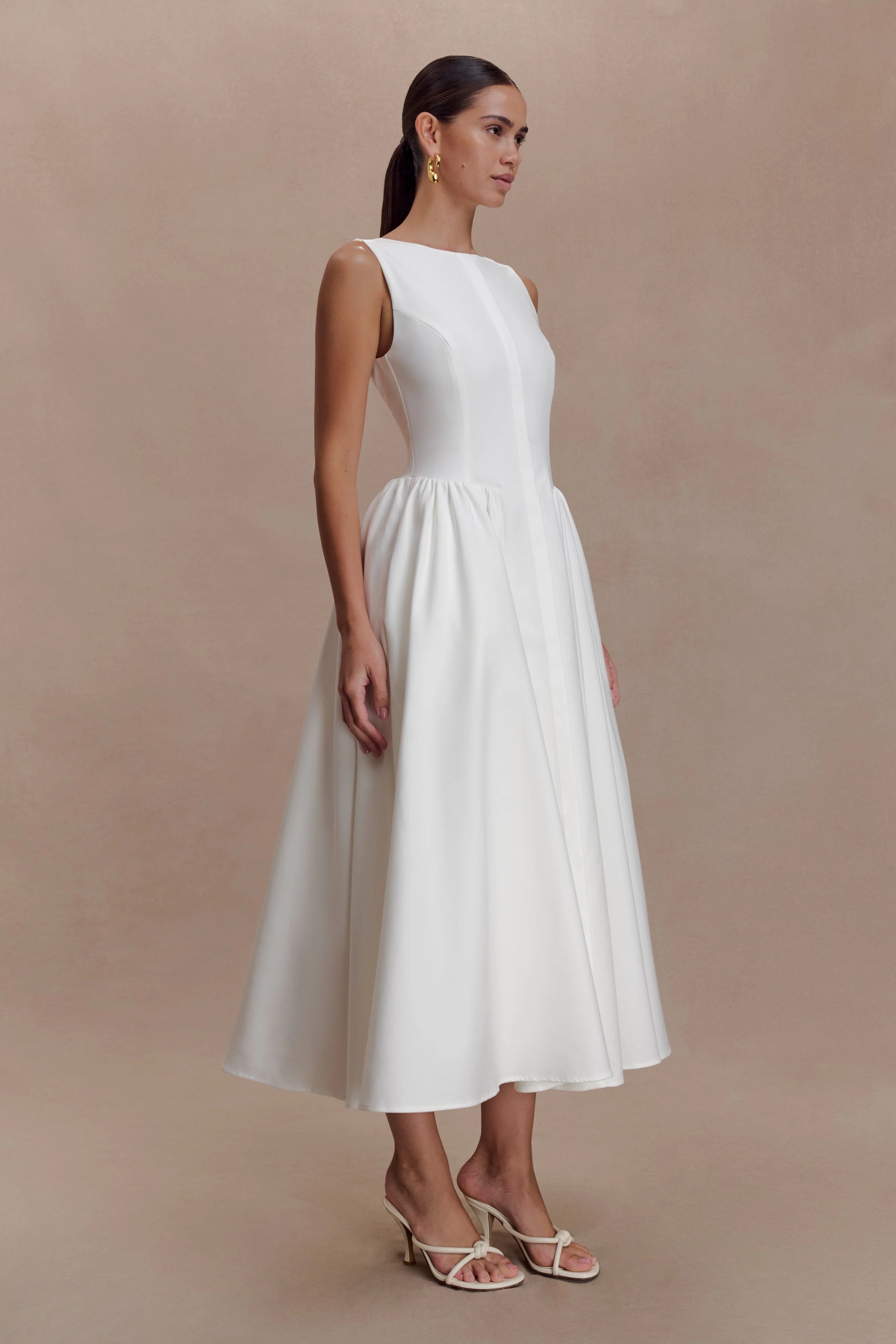 Monika Gathered Waist Cotton Midi Dress - White