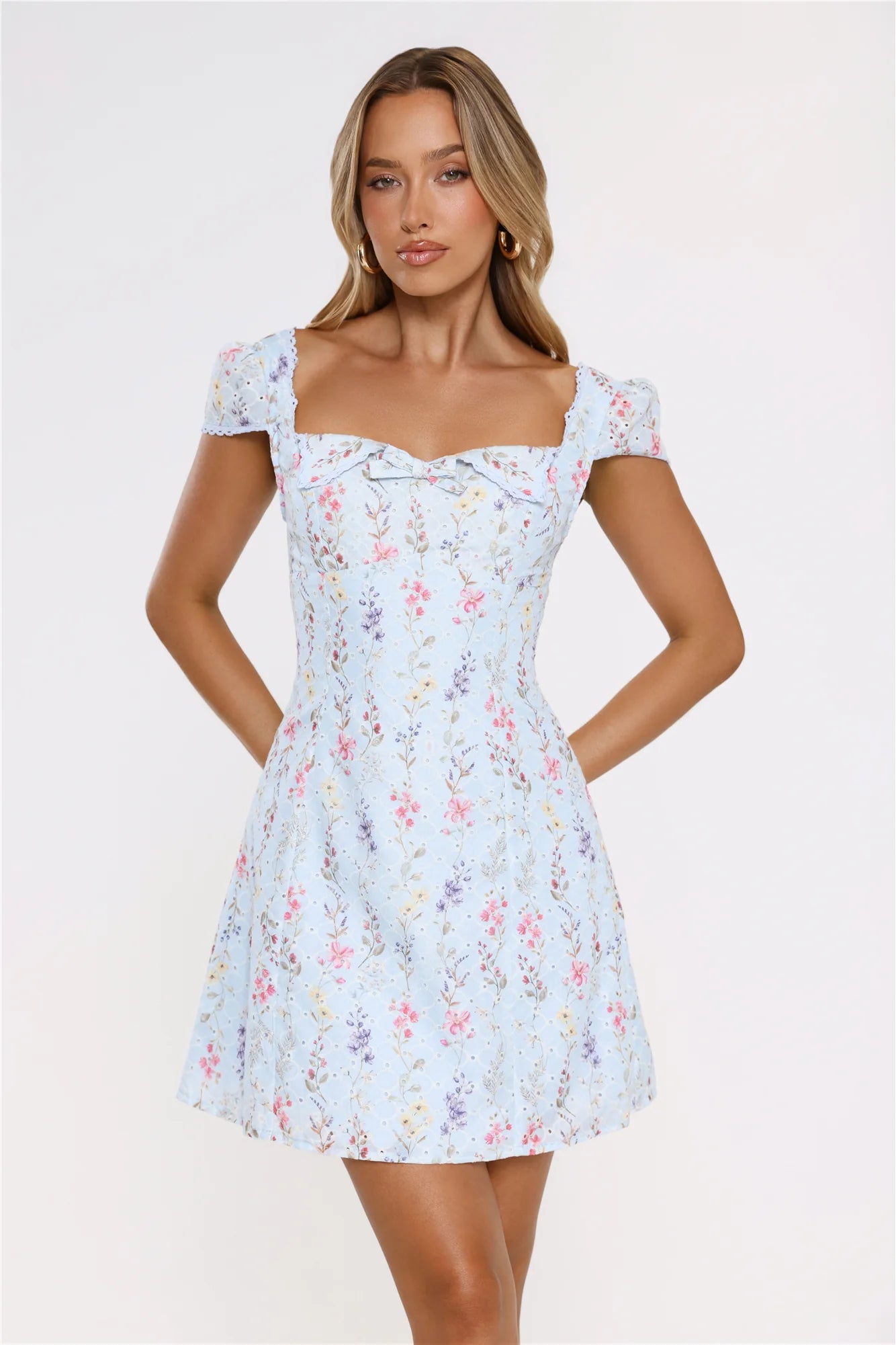 Too Cute To Care Embroidered Mini Dress Blue