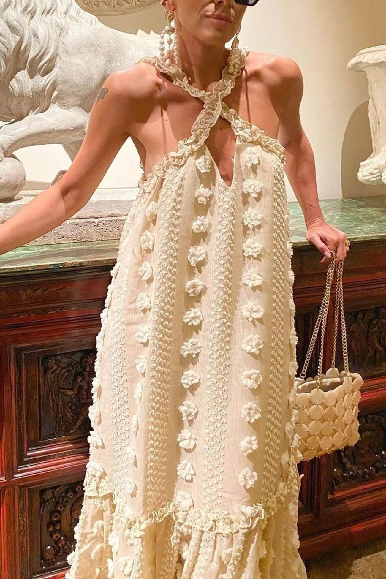3D Floral Criss-cross Halterneck Maxi Dress