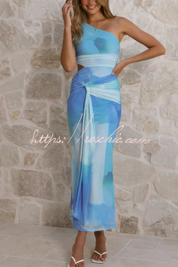 Unique Printed One-Shoulder Cutout Fitted Lace-Up Maxi Dress