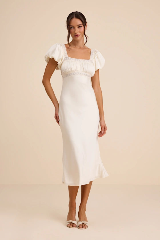 Catherine Ivory Satin Puff Sleeve Slip Midi Dress