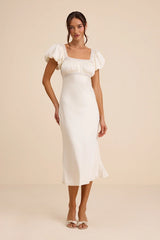Catherine Ivory Satin Puff Sleeve Slip Midi Dress