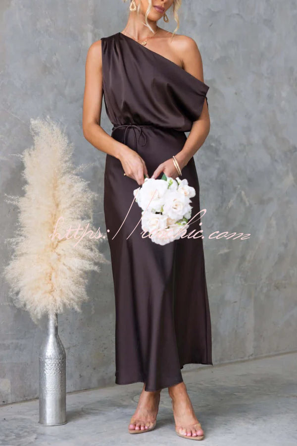 Solid Color One-shoulder Sleeveless Belted Casual Maxi Dress