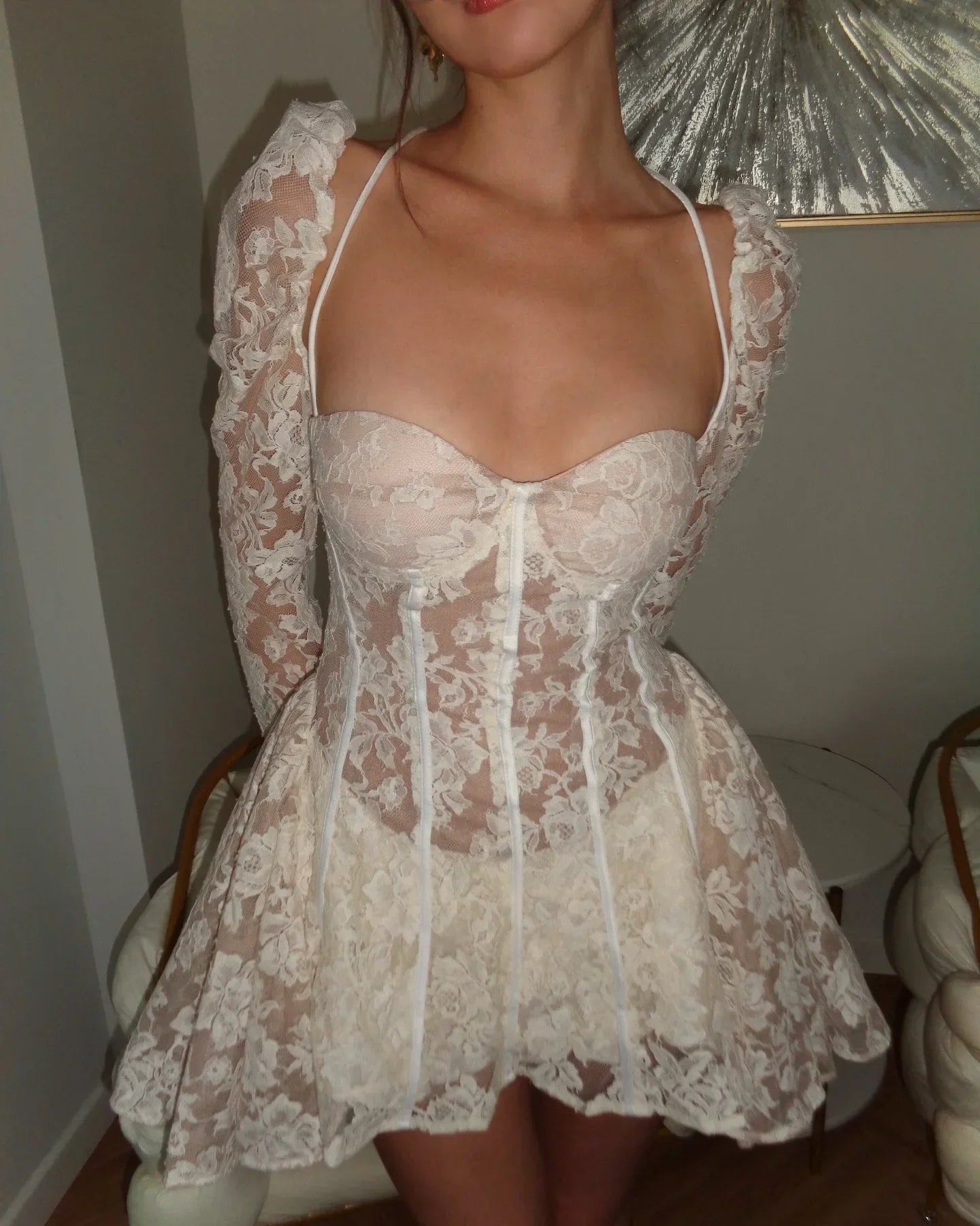 White Lace Flare Sleeve Corset Frill Mini Dress