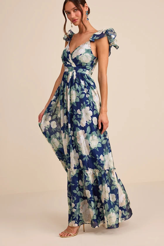 Soiree Perfection Navy Floral Ruffled Tiered Maxi Dress