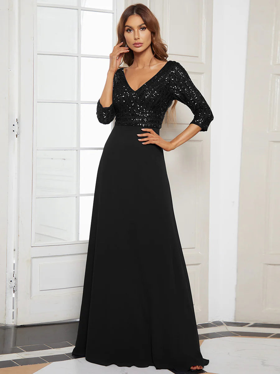 Sexy V Neck A-Line Sequin Wholesale Evening Dresses With 3/4 Sleeve