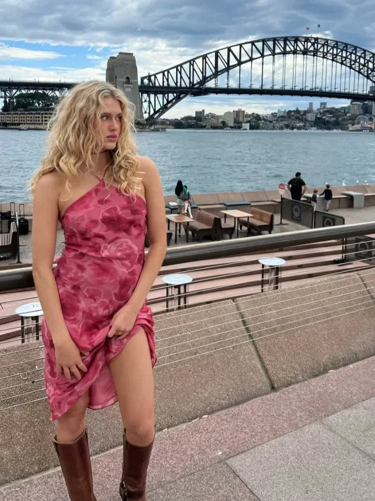 Rose Pink Print Halter Midi Dress